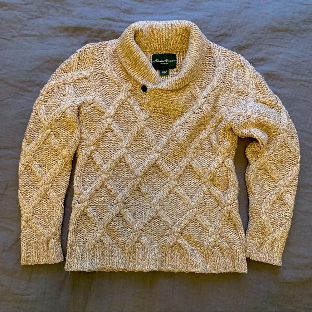 Eddie Bauer thick cable knit shawl collar sweater